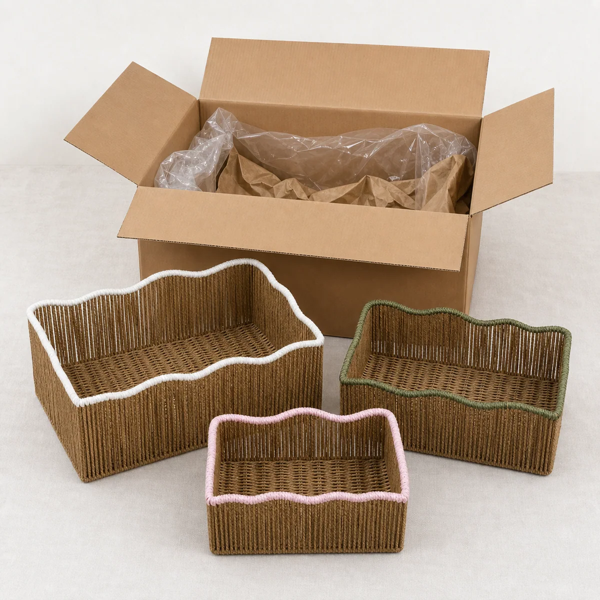 Natural Brown Paper Rope Rectangular 3-Piece Nested Basket Set with White Green and Pink Rim Accents