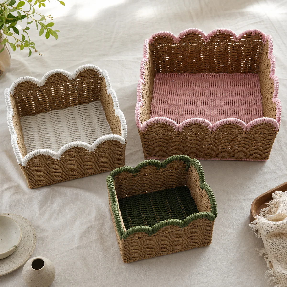 Natural Brown Paper Rope Rectangular 3-Piece Nested Basket Set with Pink White and Green Wave Rims