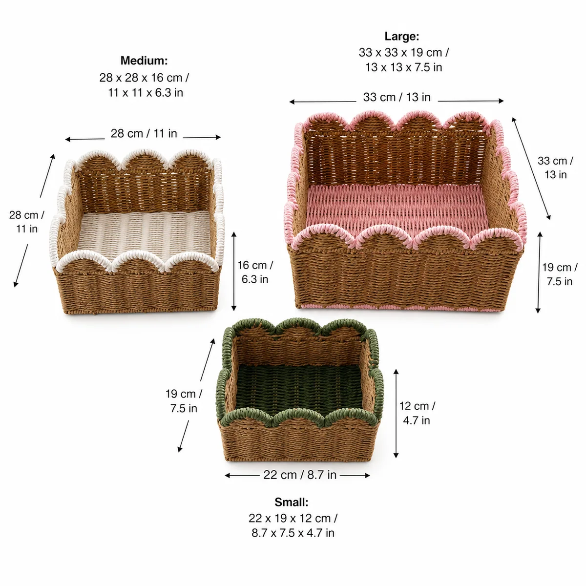 Natural Brown Paper Rope Rectangular 3-Piece Nested Basket Set with Pink White and Green Wave Rims