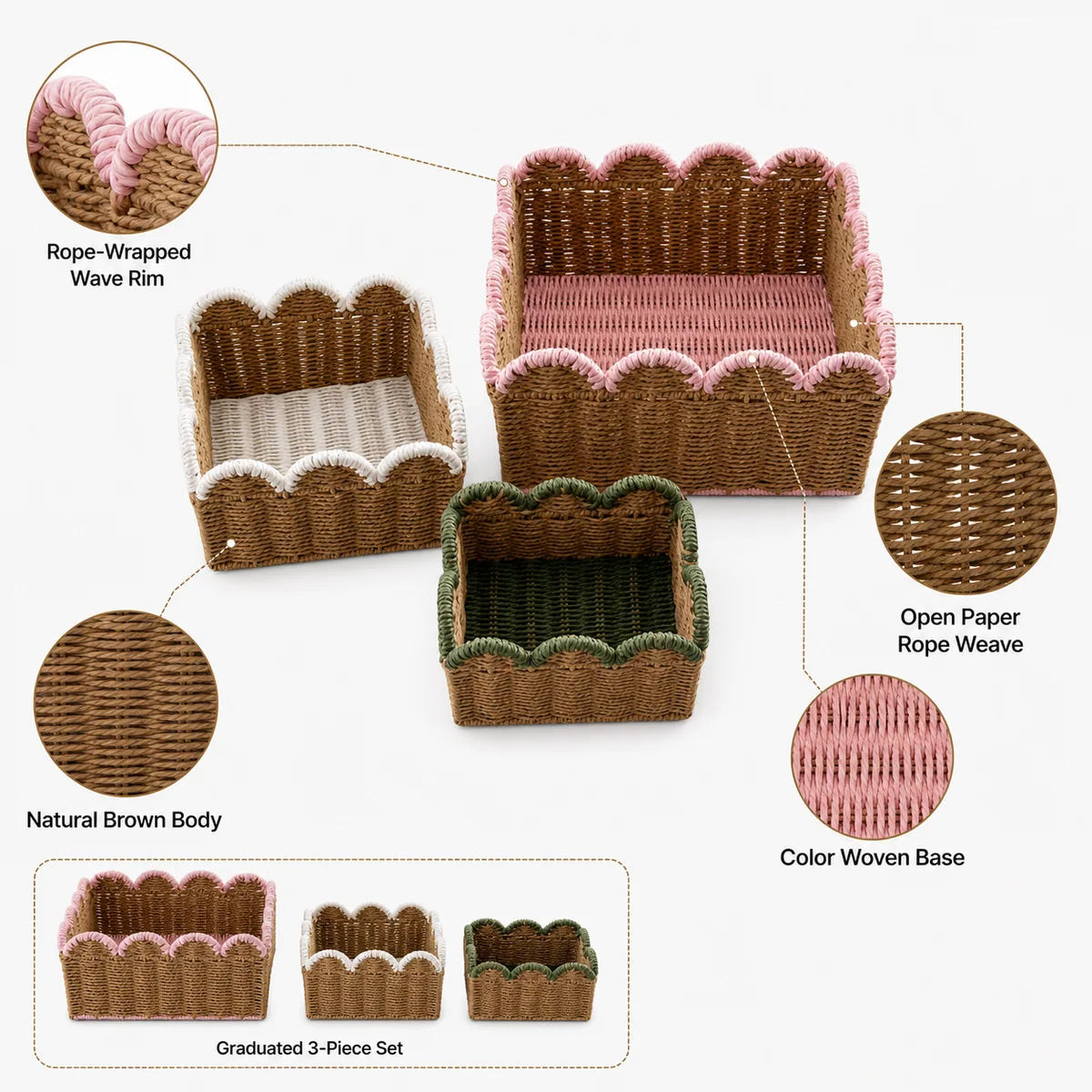 Natural Brown Paper Rope Rectangular 3-Piece Nested Basket Set with Pink White and Green Wave Rims