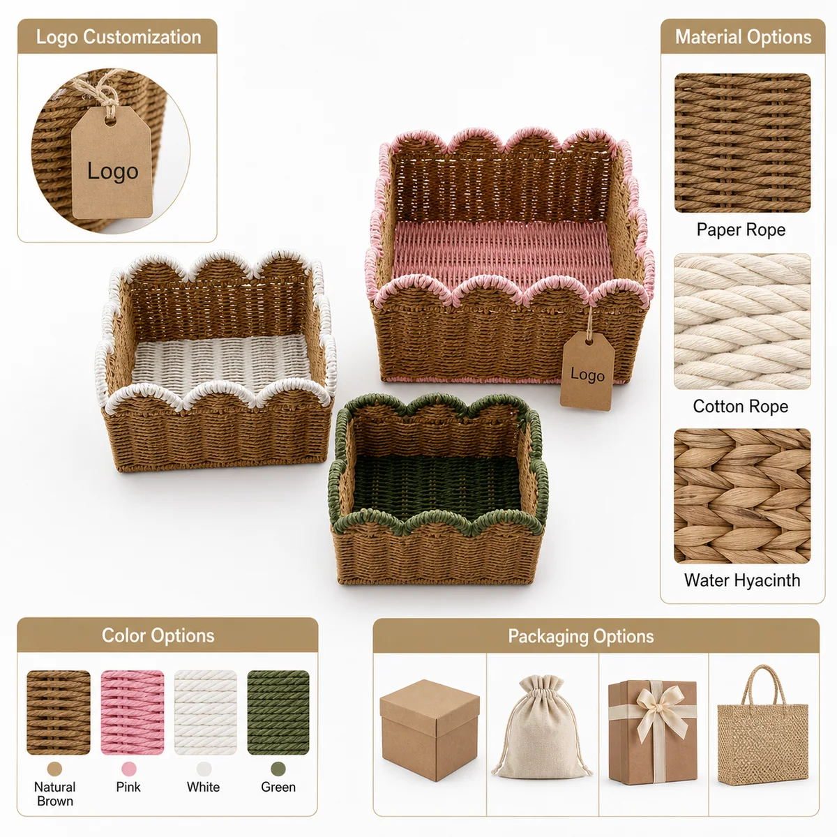 Natural Brown Paper Rope Rectangular 3-Piece Nested Basket Set with Pink White and Green Wave Rims