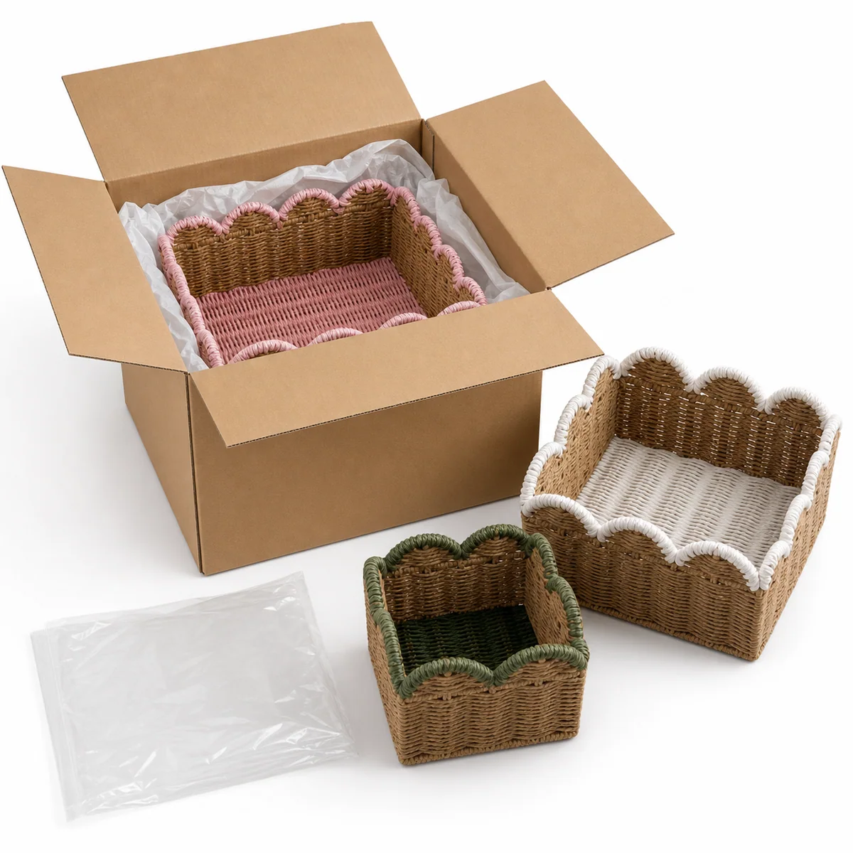 Natural Brown Paper Rope Rectangular 3-Piece Nested Basket Set with Pink White and Green Wave Rims