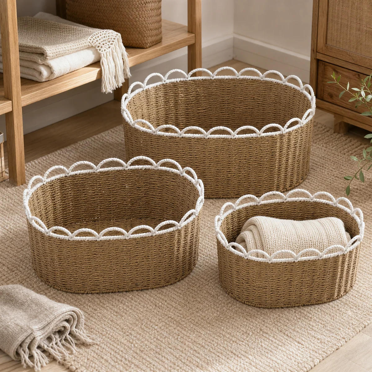 Natural Brown and White Paper Rope Oval 3-Piece Nested Basket Set with Loop Wave Rims