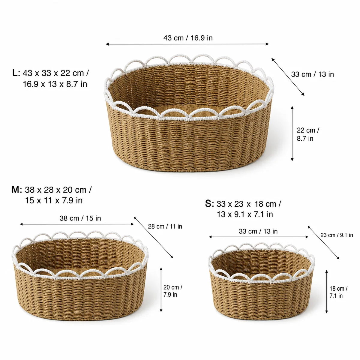 Natural Brown and White Paper Rope Oval 3-Piece Nested Basket Set with Loop Wave Rims