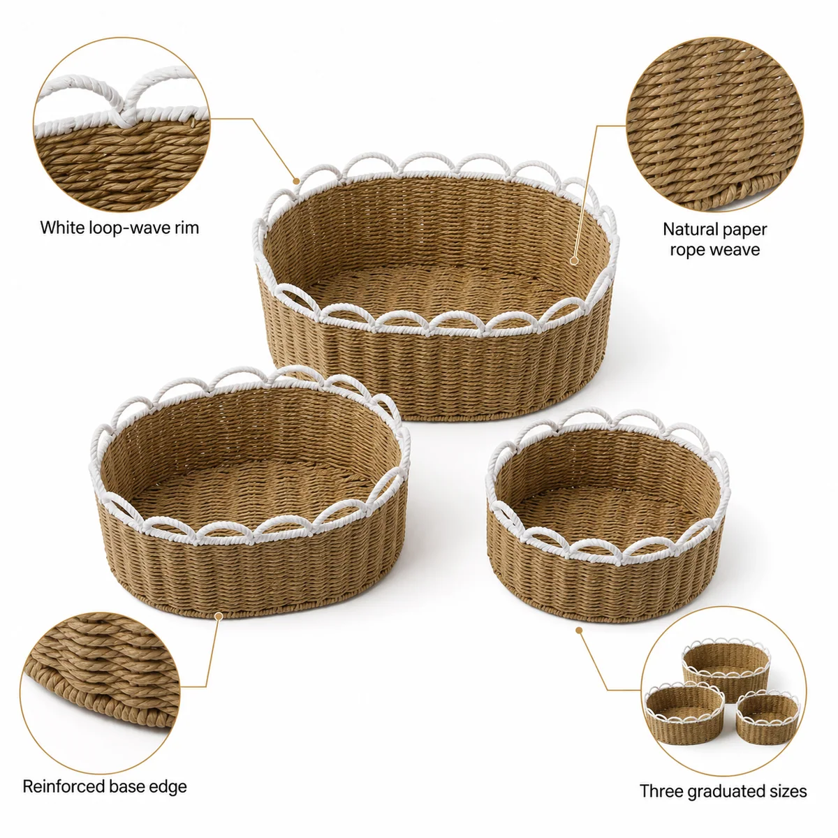 Natural Brown and White Paper Rope Oval 3-Piece Nested Basket Set with Loop Wave Rims