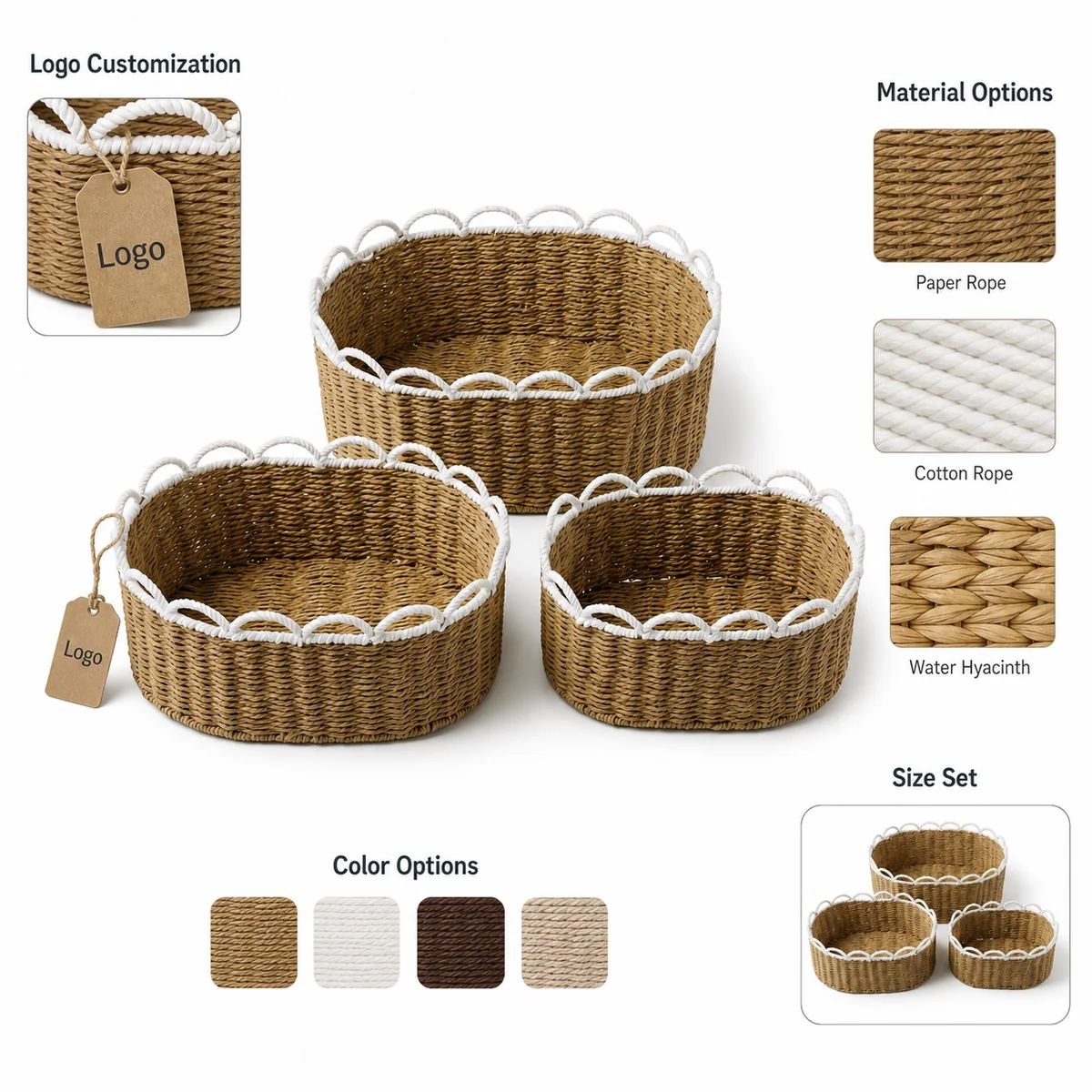 Natural Brown and White Paper Rope Oval 3-Piece Nested Basket Set with Loop Wave Rims