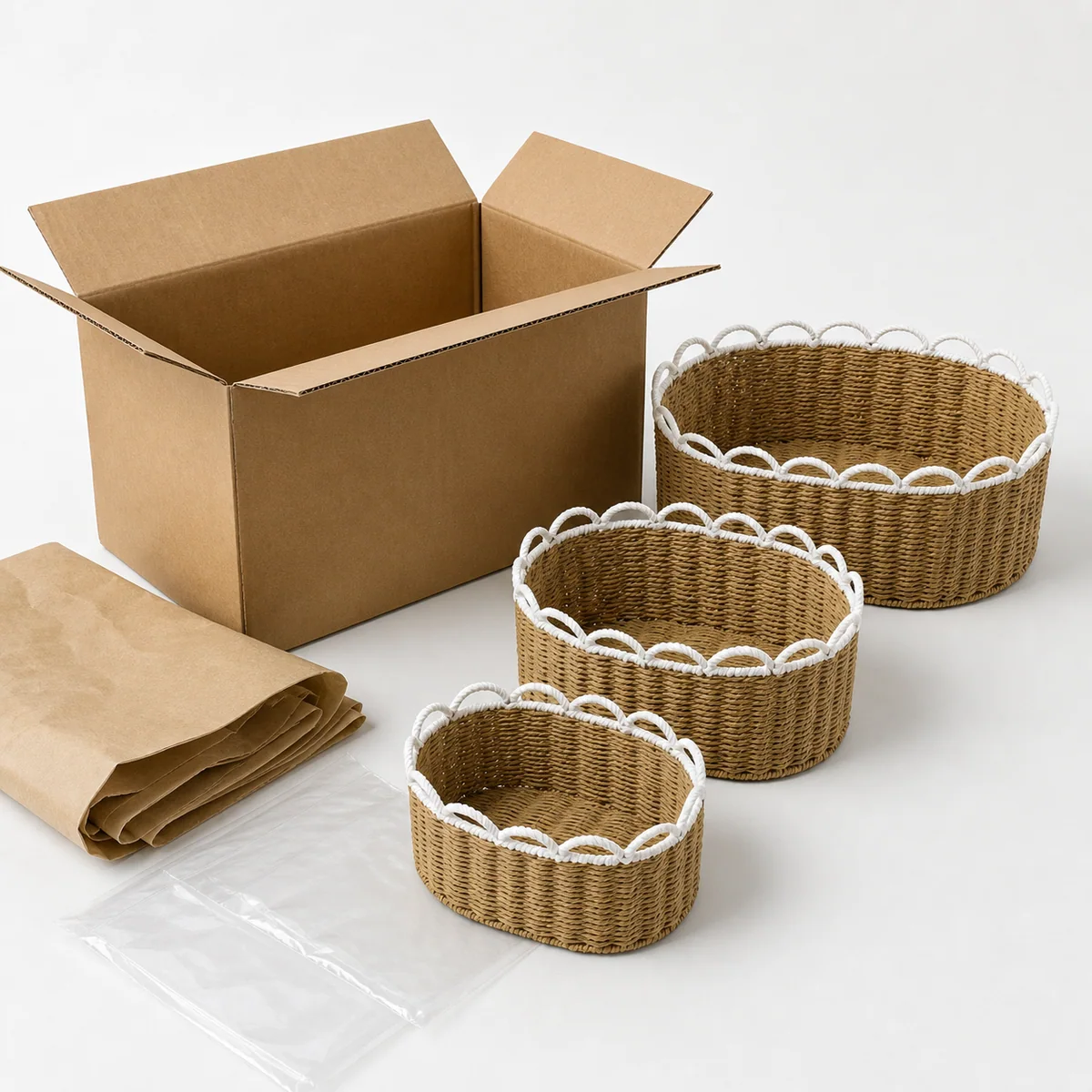 Natural Brown and White Paper Rope Oval 3-Piece Nested Basket Set with Loop Wave Rims