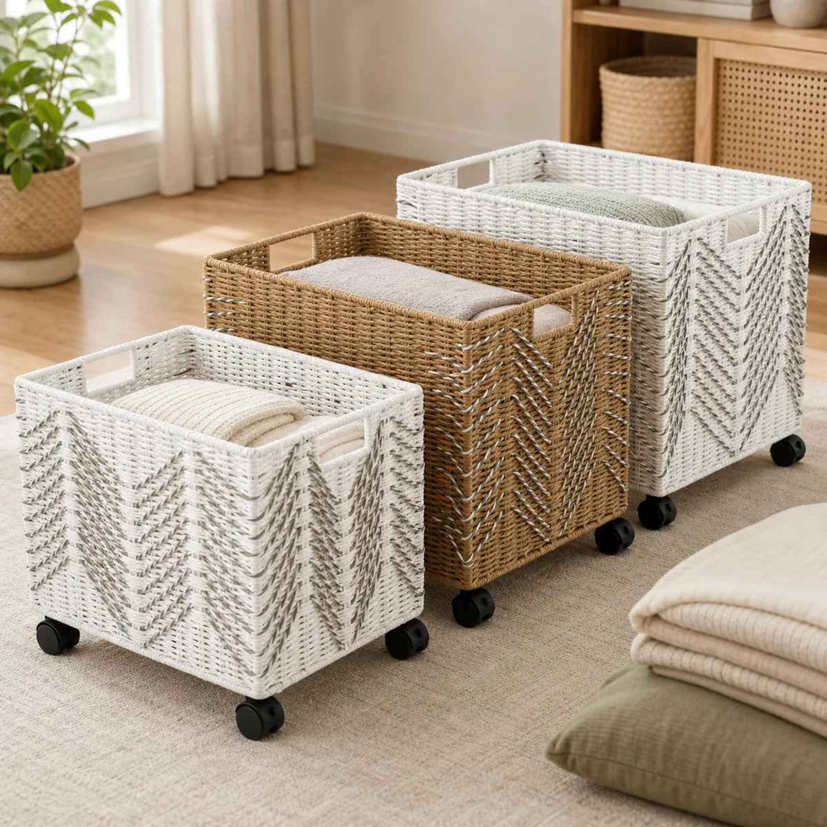 Paper Rope Rectangular 3-Piece Large Storage Basket Set with Chevron Weave Accents and Caster Wheels