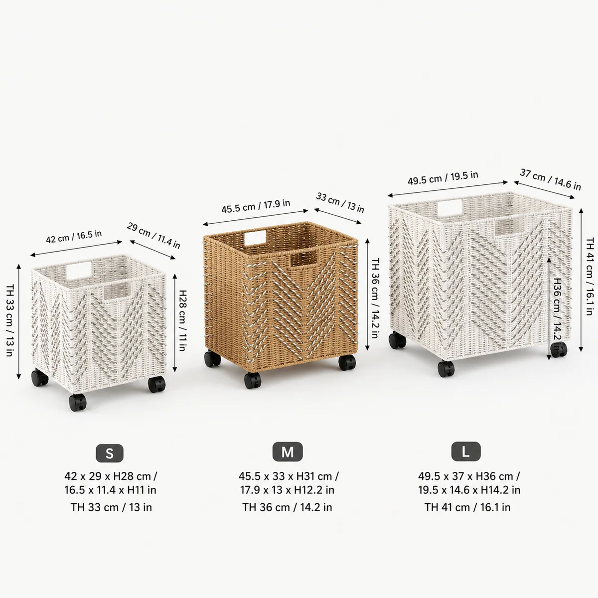 Paper Rope Rectangular 3-Piece Large Storage Basket Set with Chevron Weave Accents and Caster Wheels