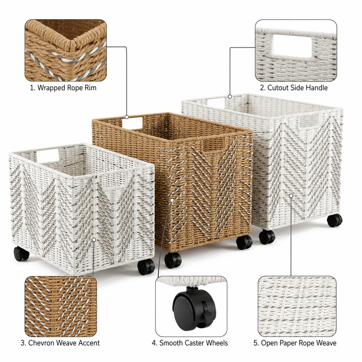 Paper Rope Rectangular 3-Piece Large Storage Basket Set with Chevron Weave Accents and Caster Wheels