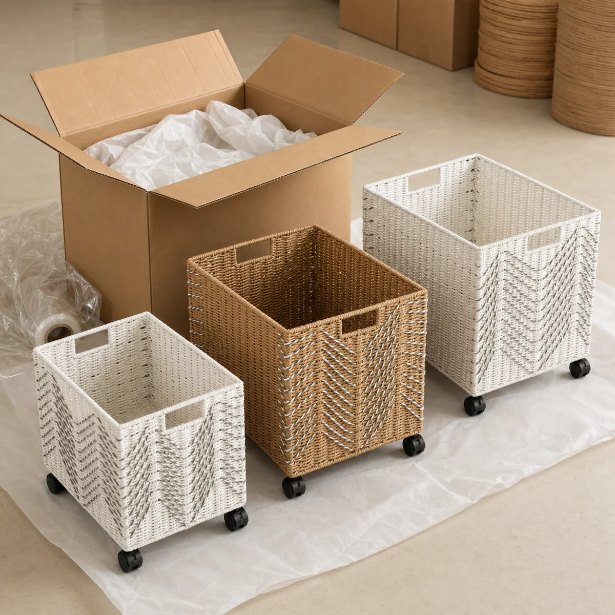 Paper Rope Rectangular 3-Piece Large Storage Basket Set with Chevron Weave Accents and Caster Wheels