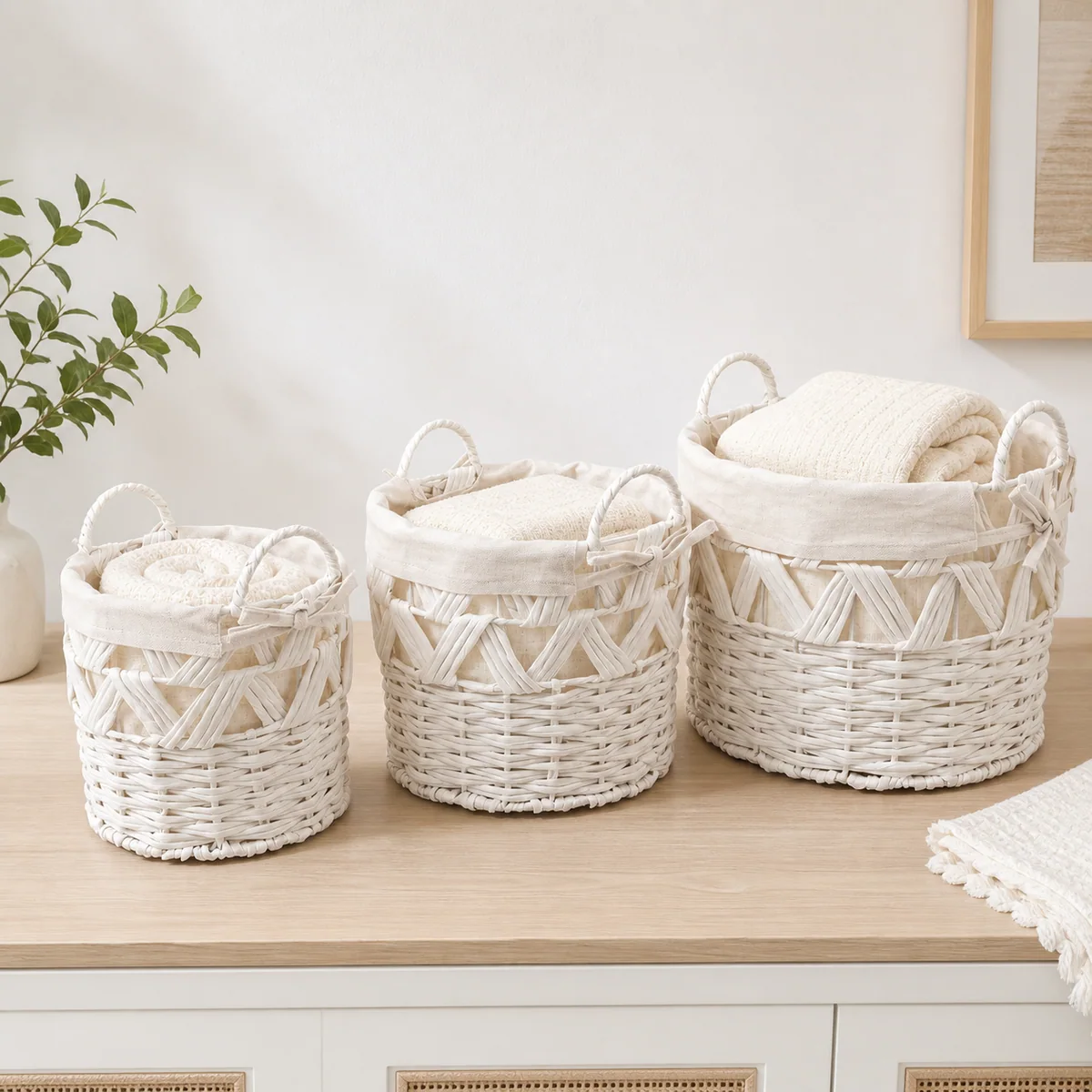 White Paper Rope Round 3-Piece Nested Basket Set with Fabric Liner and Loop Handles