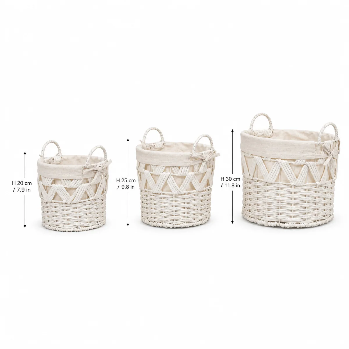 White Paper Rope Round 3-Piece Nested Basket Set with Fabric Liner and Loop Handles