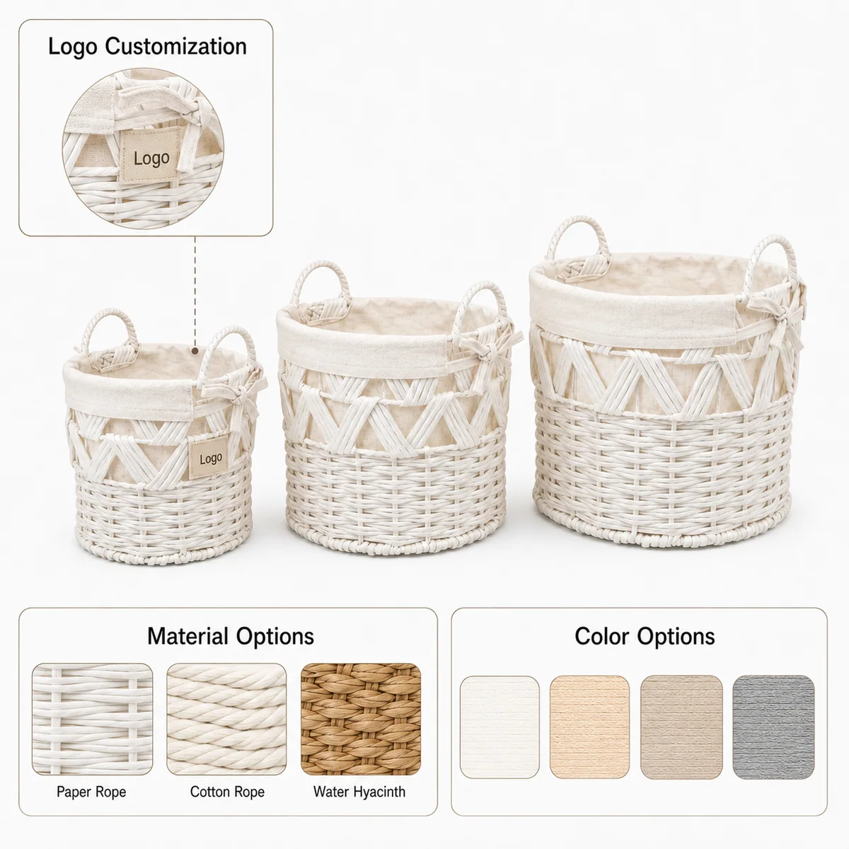 White Paper Rope Round 3-Piece Nested Basket Set with Fabric Liner and Loop Handles