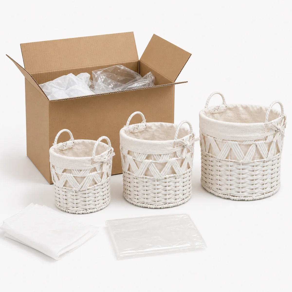 White Paper Rope Round 3-Piece Nested Basket Set with Fabric Liner and Loop Handles