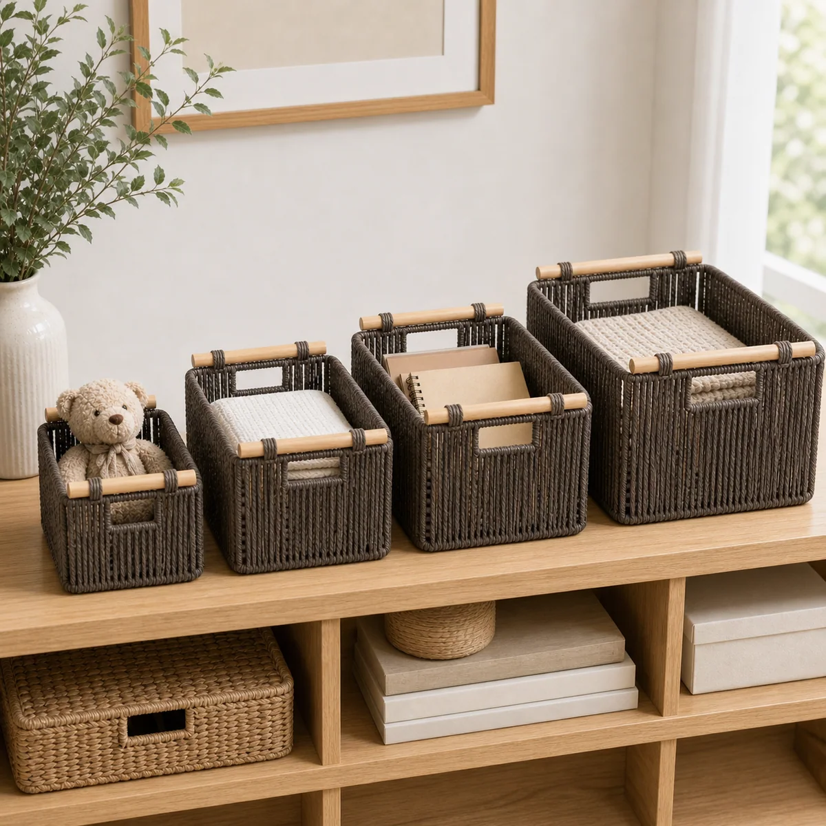 Taupe Gray Paper Rope Rectangular 4-Piece Nested Basket Set with Natural Wood Rail Handles