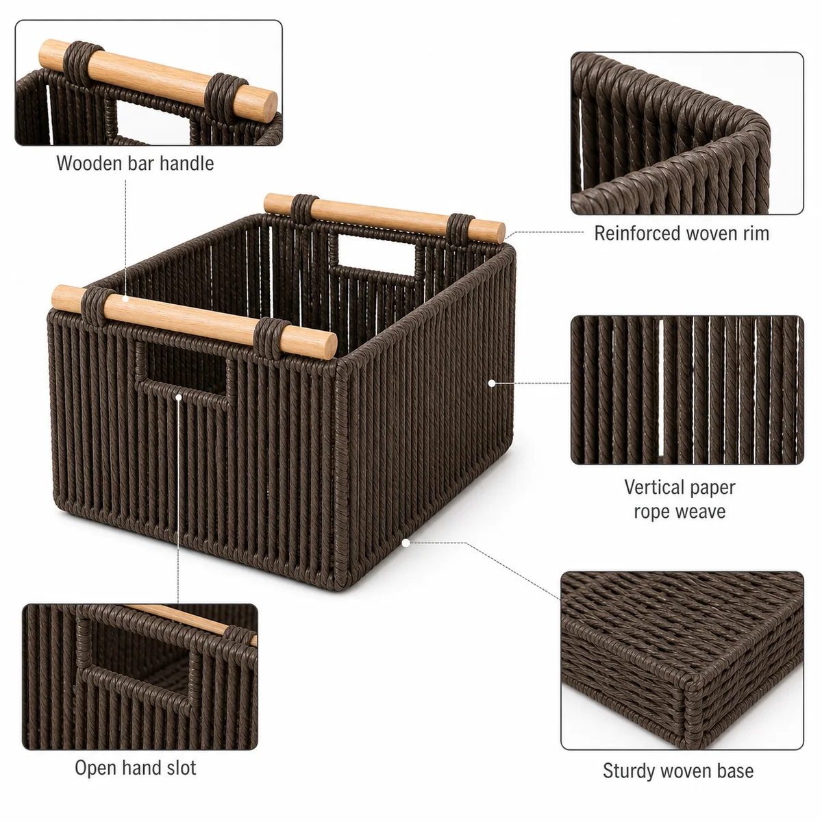 Taupe Gray Paper Rope Rectangular 4-Piece Nested Basket Set with Natural Wood Rail Handles