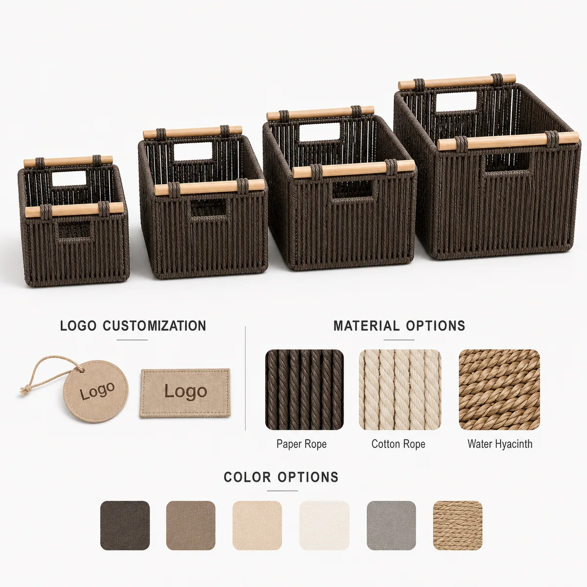 Taupe Gray Paper Rope Rectangular 4-Piece Nested Basket Set with Natural Wood Rail Handles