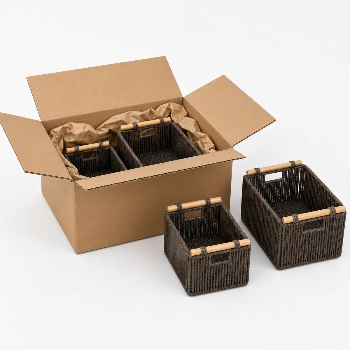 Taupe Gray Paper Rope Rectangular 4-Piece Nested Basket Set with Natural Wood Rail Handles