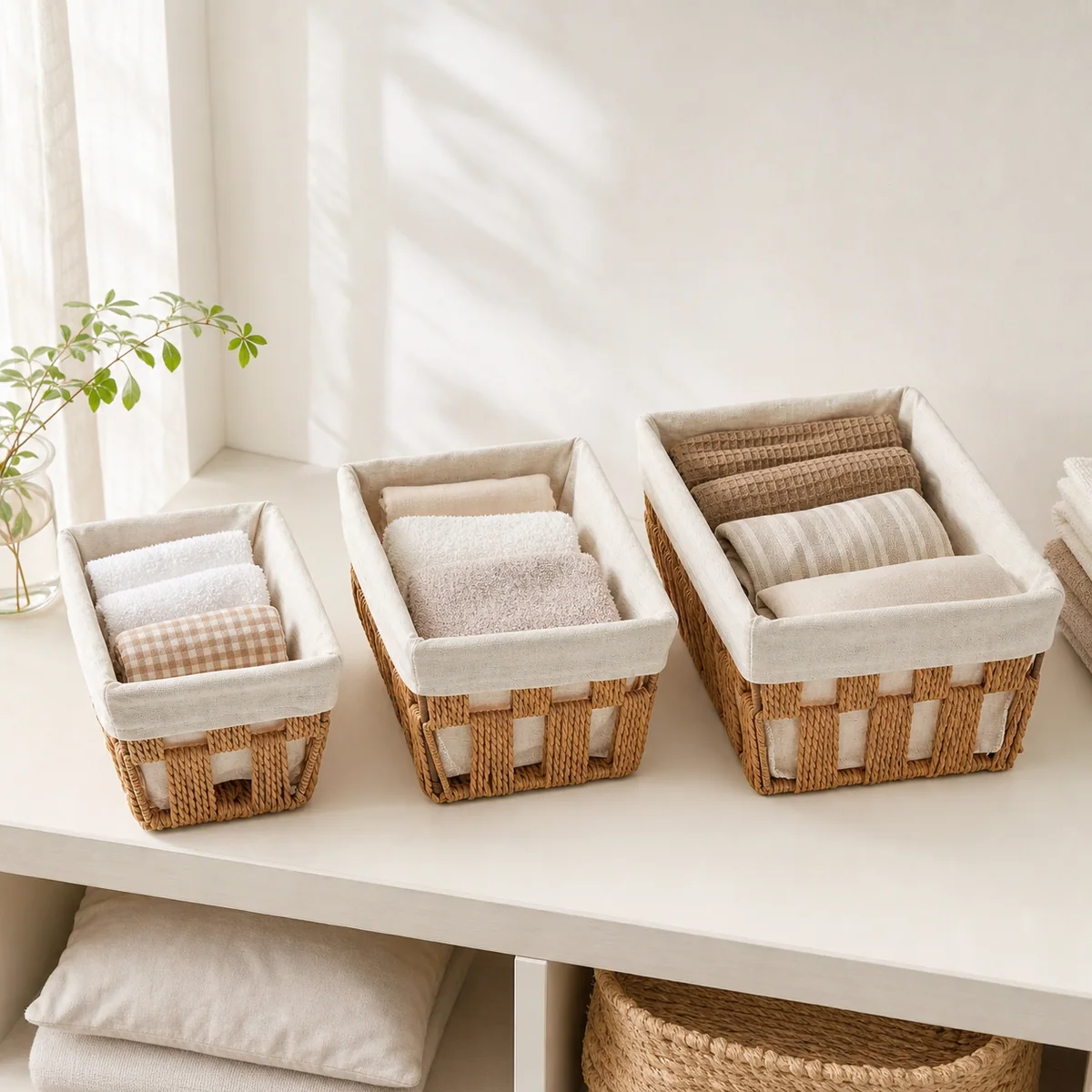Natural Brown Paper Rope Rectangular 3-Piece Nested Basket Set with Cream Fabric Liner