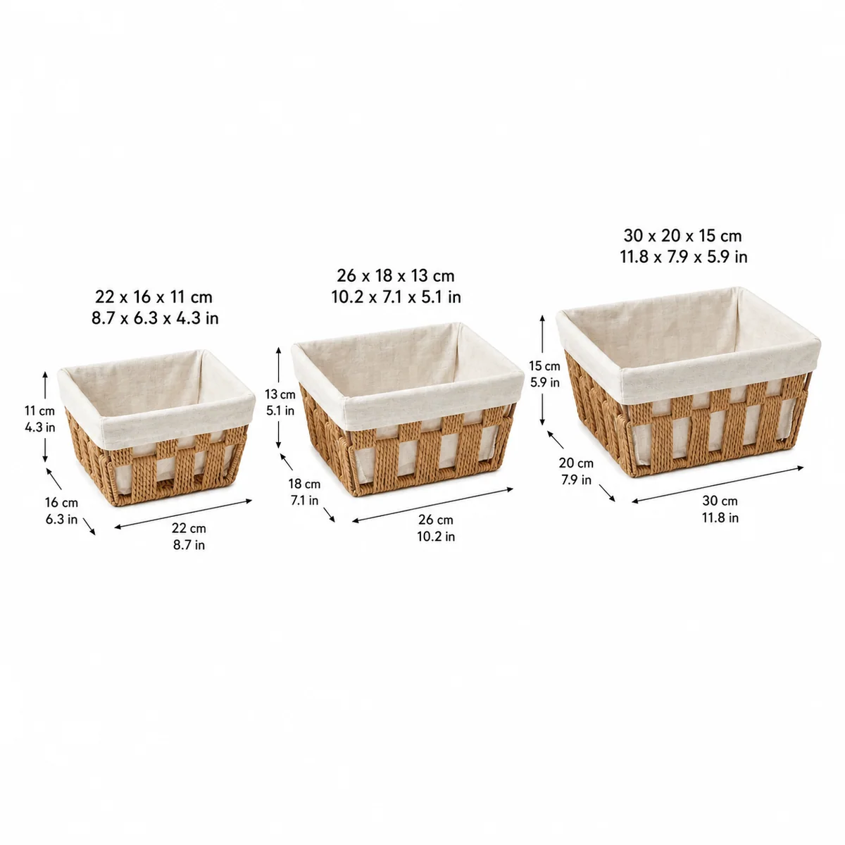 Natural Brown Paper Rope Rectangular 3-Piece Nested Basket Set with Cream Fabric Liner