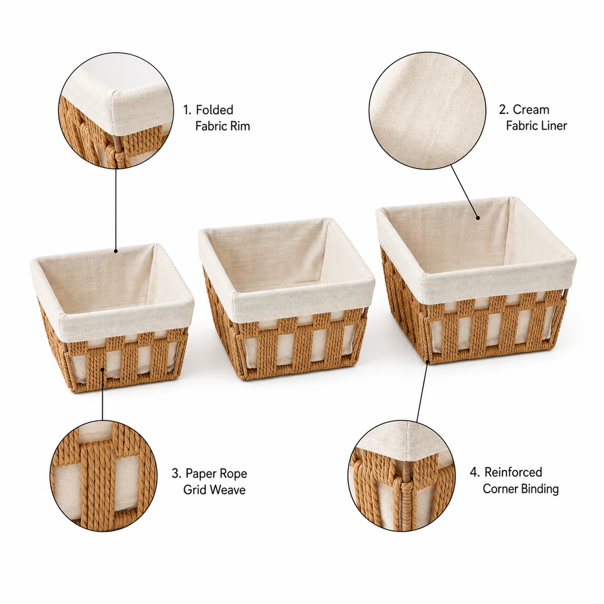 Natural Brown Paper Rope Rectangular 3-Piece Nested Basket Set with Cream Fabric Liner