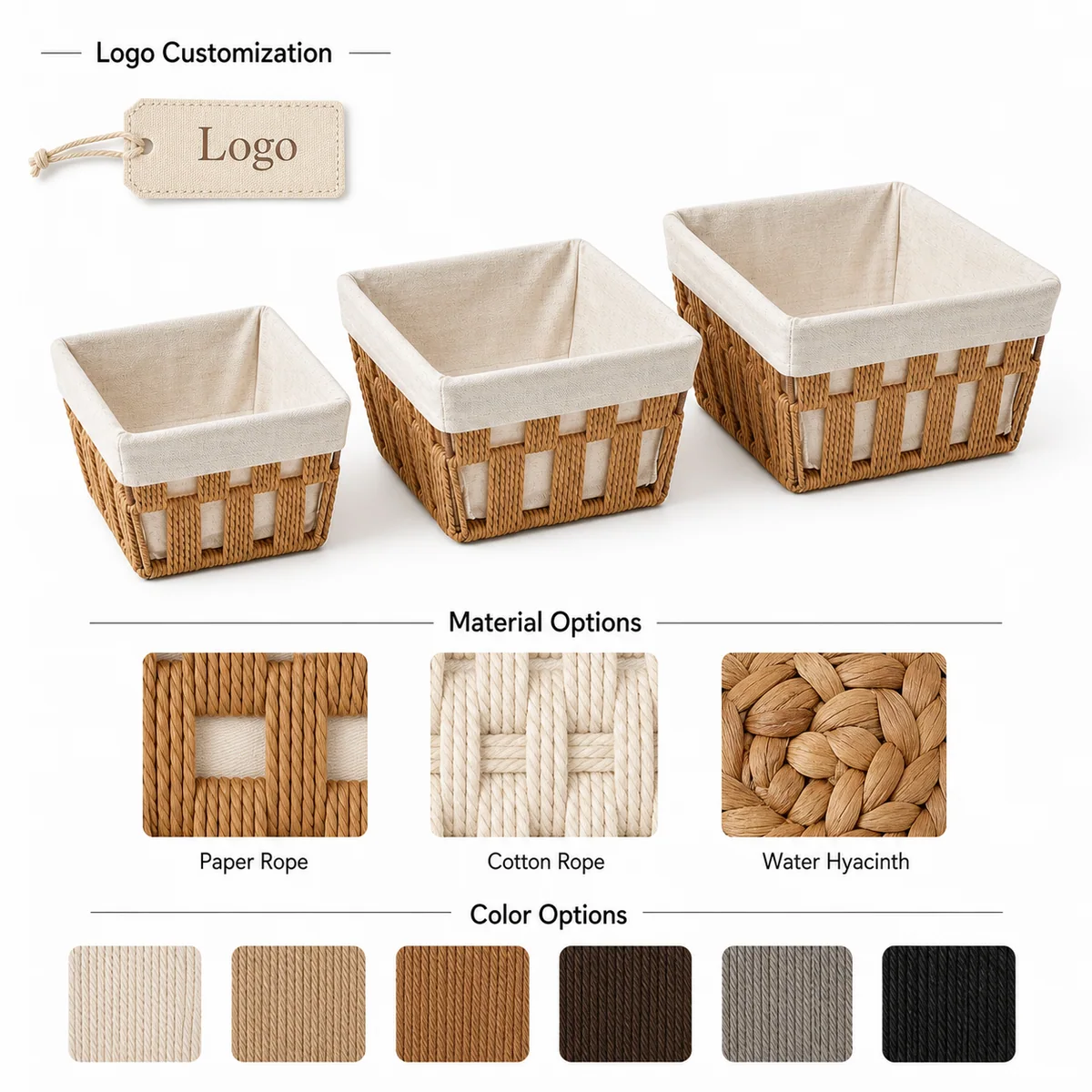 Natural Brown Paper Rope Rectangular 3-Piece Nested Basket Set with Cream Fabric Liner