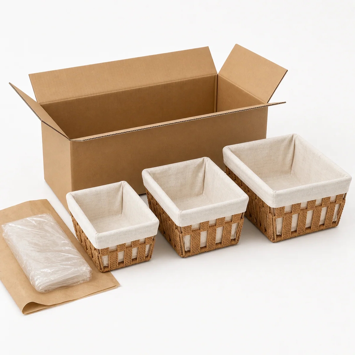 Natural Brown Paper Rope Rectangular 3-Piece Nested Basket Set with Cream Fabric Liner