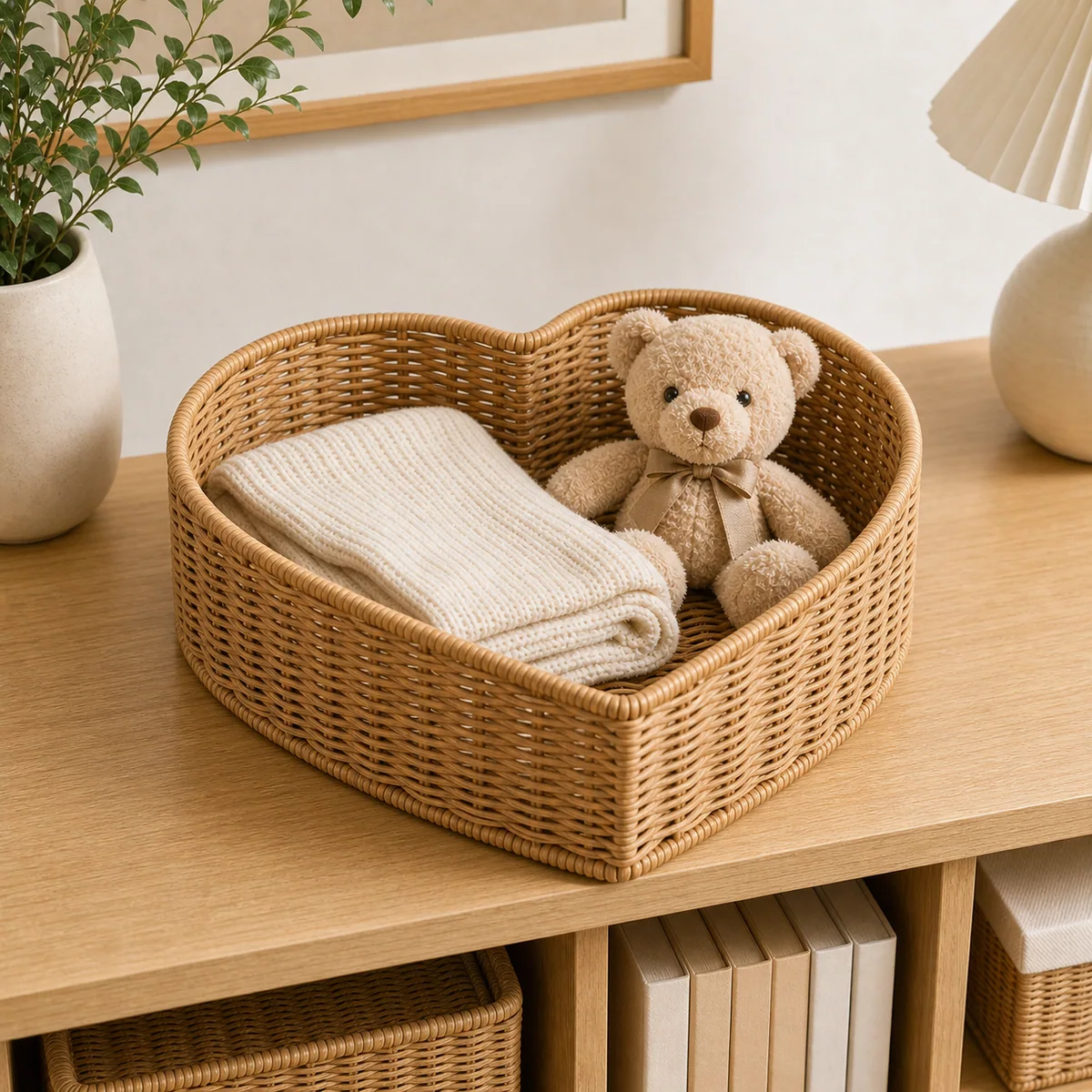 Natural Brown Paper Rope Square Shallow Storage Basket with Wavy Rim