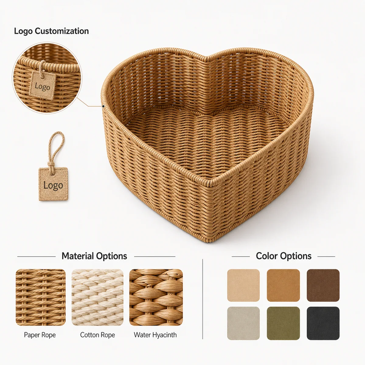 Natural Brown Paper Rope Square Shallow Storage Basket with Wavy Rim