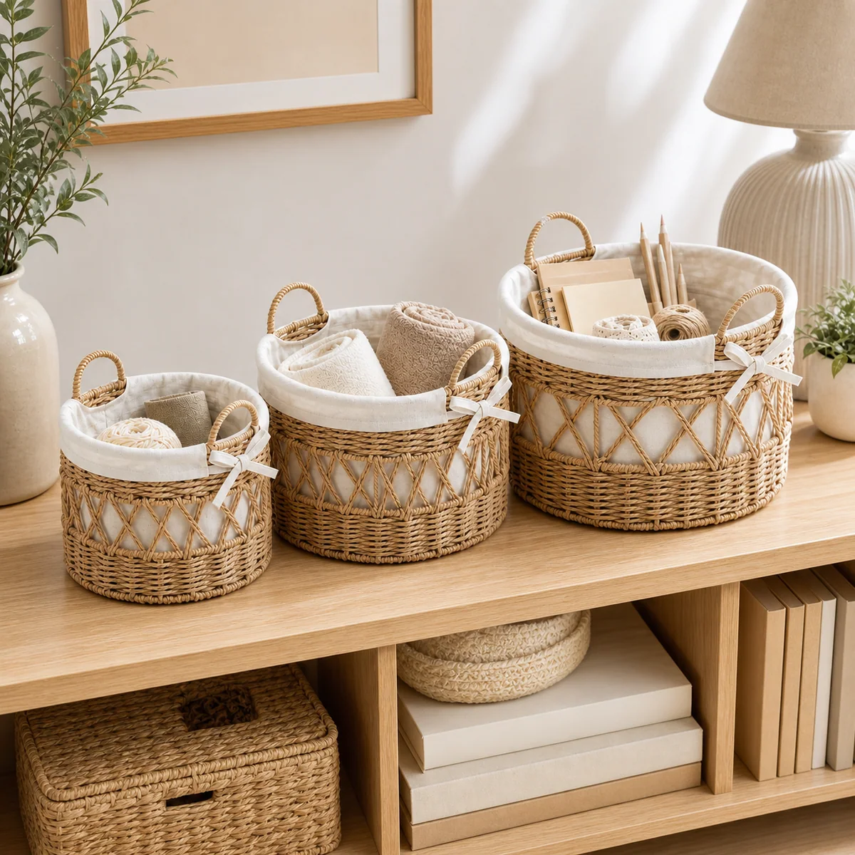 Paper Rope Round 3-Piece Nested Basket Set with Loop Handles, Fabric Lined and Gray X-Weave Variants