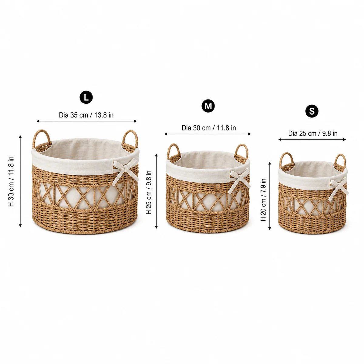 Paper Rope Round 3-Piece Nested Basket Set with Loop Handles, Fabric Lined and Gray X-Weave Variants