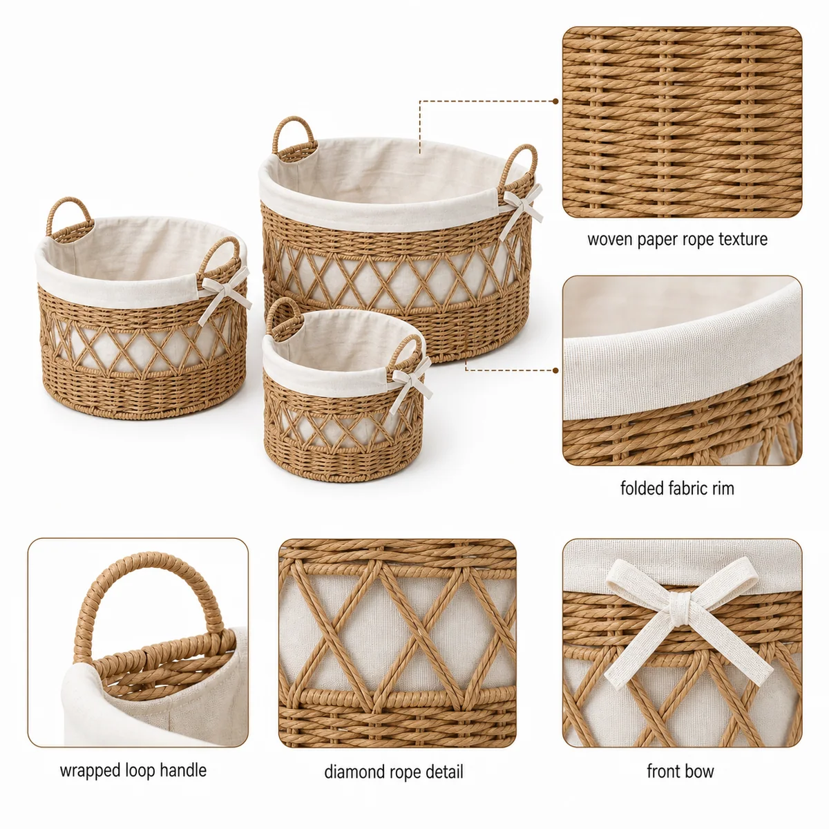 Paper Rope Round 3-Piece Nested Basket Set with Loop Handles, Fabric Lined and Gray X-Weave Variants