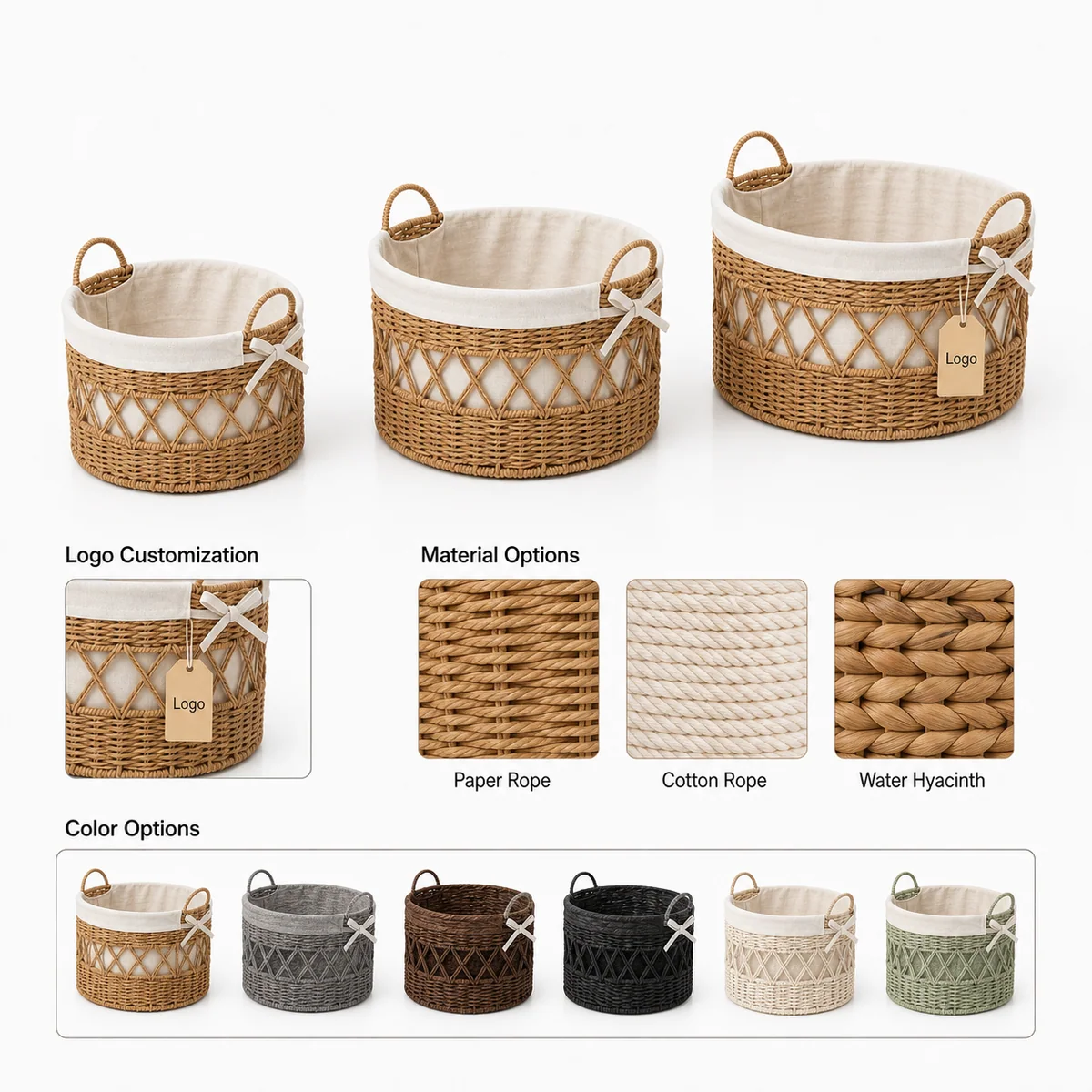 Paper Rope Round 3-Piece Nested Basket Set with Loop Handles, Fabric Lined and Gray X-Weave Variants