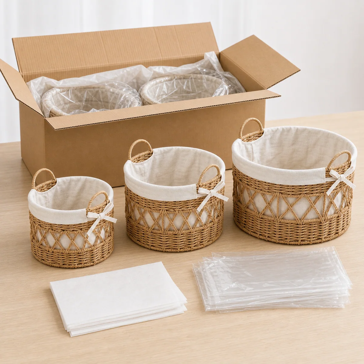 Paper Rope Round 3-Piece Nested Basket Set with Loop Handles, Fabric Lined and Gray X-Weave Variants