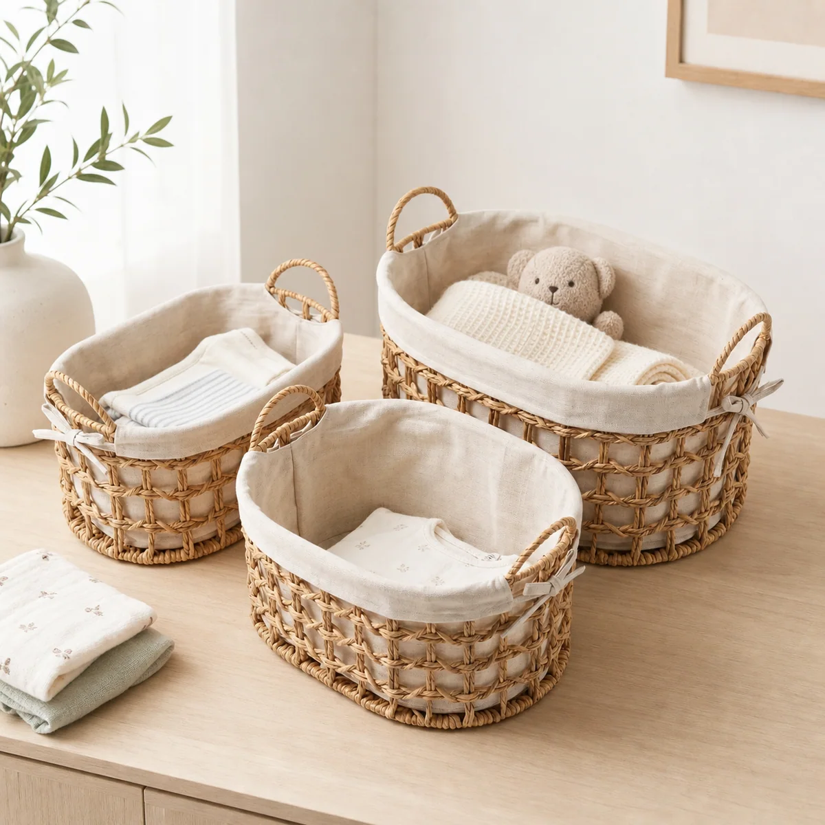 Natural Brown Paper Rope Oval Rounded Rectangular 3-Piece Nested Basket Set with Cream Fabric Liner