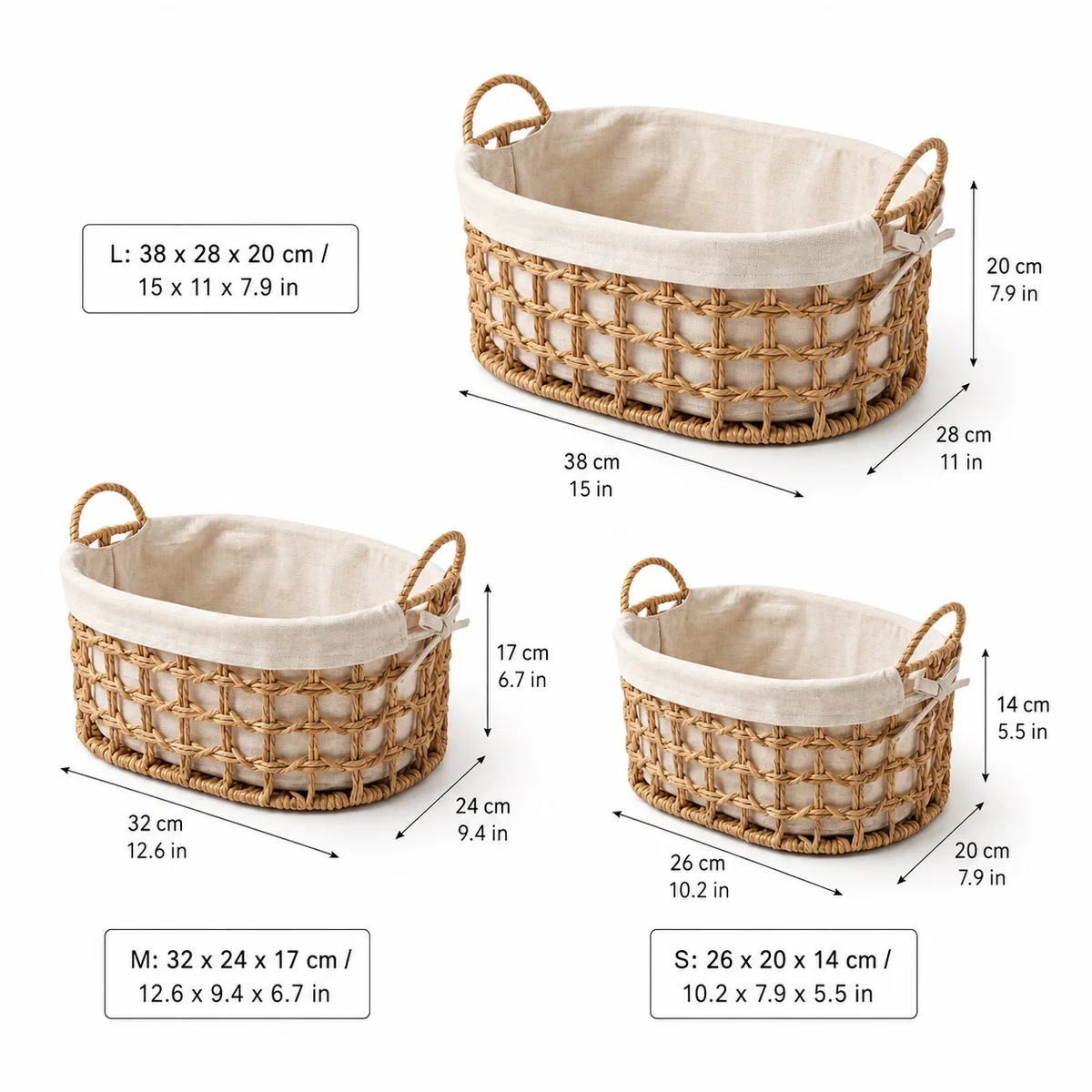 Natural Brown Paper Rope Oval Rounded Rectangular 3-Piece Nested Basket Set with Cream Fabric Liner