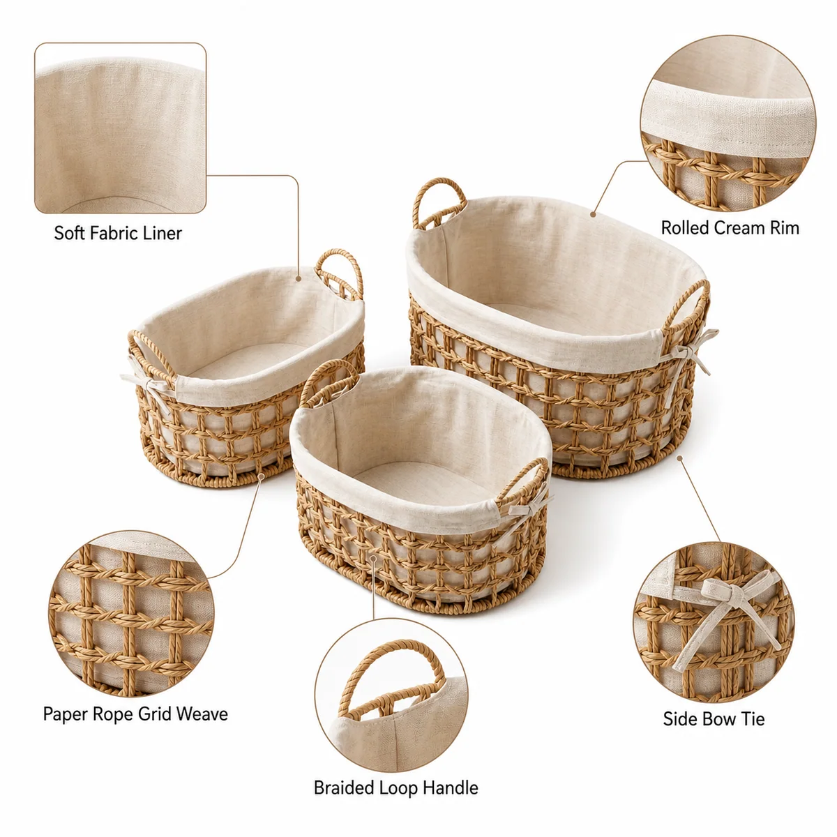 Natural Brown Paper Rope Oval Rounded Rectangular 3-Piece Nested Basket Set with Cream Fabric Liner