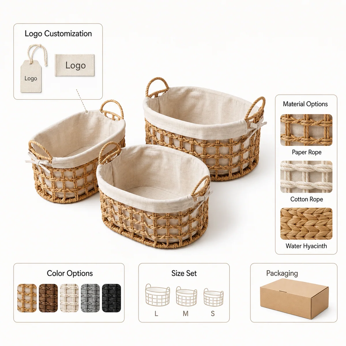 Natural Brown Paper Rope Oval Rounded Rectangular 3-Piece Nested Basket Set with Cream Fabric Liner