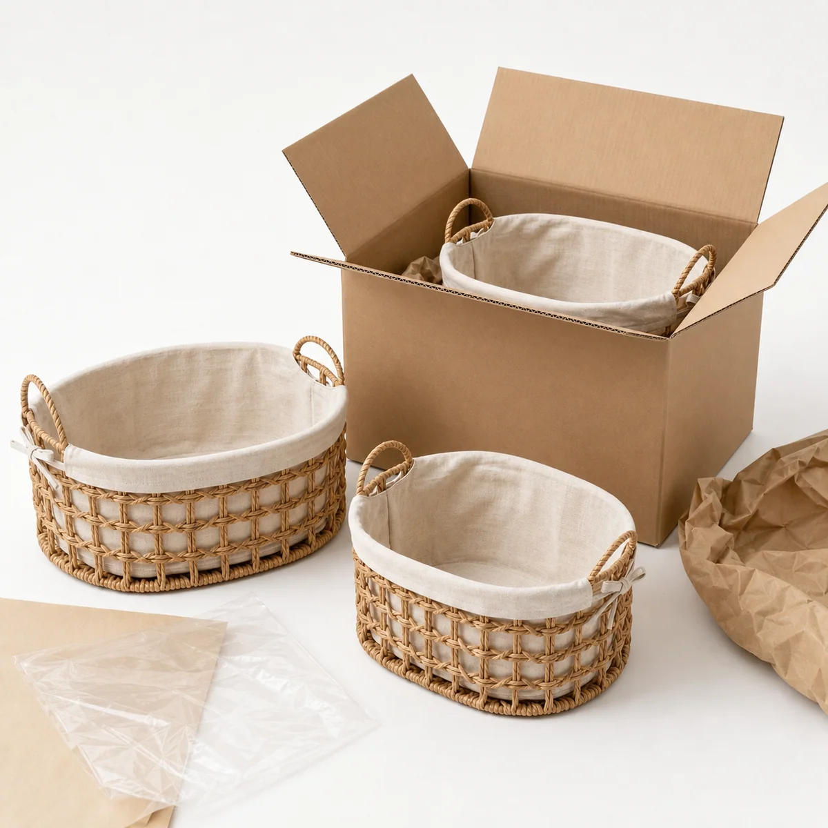 Natural Brown Paper Rope Oval Rounded Rectangular 3-Piece Nested Basket Set with Cream Fabric Liner