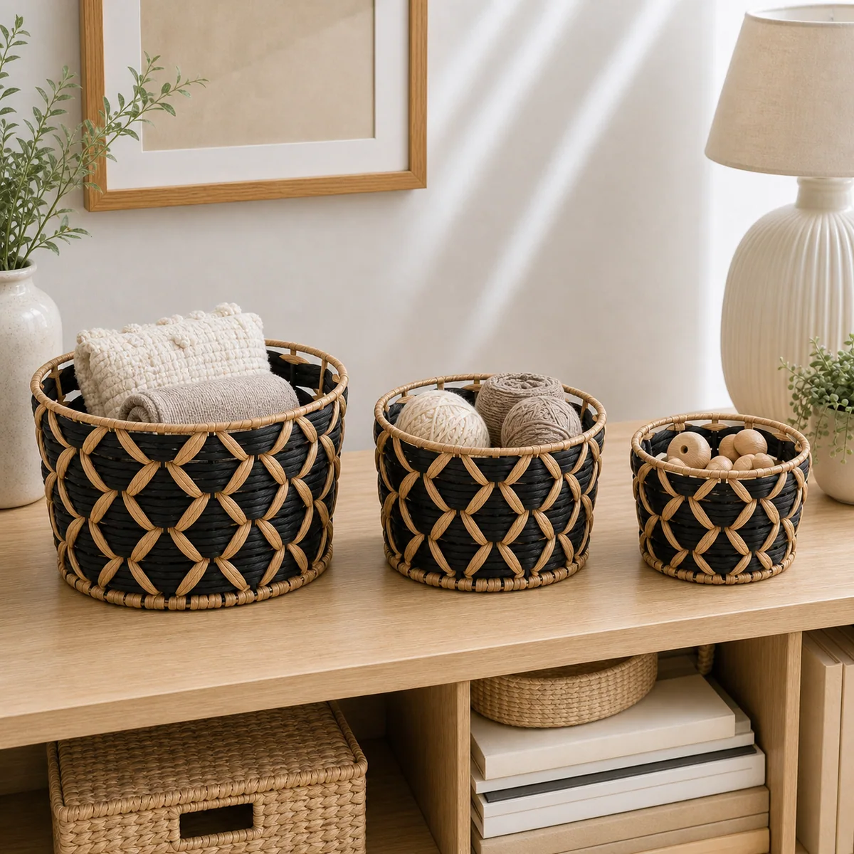 Black and Natural Brown Paper Rope Round 3-Piece Nested Basket Set with Petal Weave