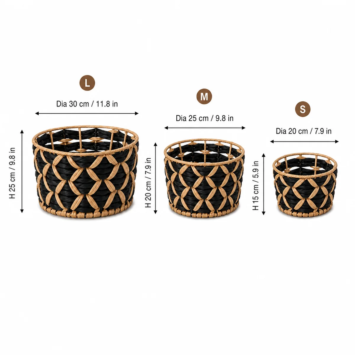 Black and Natural Brown Paper Rope Round 3-Piece Nested Basket Set with Petal Weave