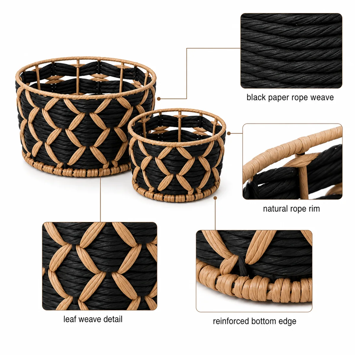 Black and Natural Brown Paper Rope Round 3-Piece Nested Basket Set with Petal Weave