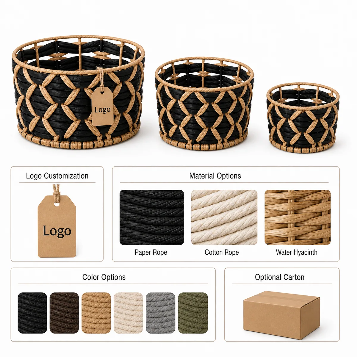 Black and Natural Brown Paper Rope Round 3-Piece Nested Basket Set with Petal Weave