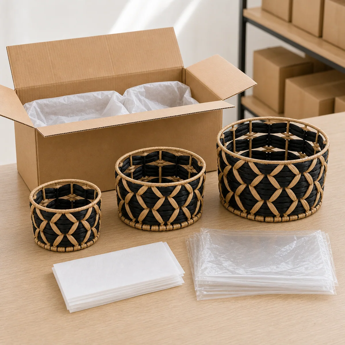 Black and Natural Brown Paper Rope Round 3-Piece Nested Basket Set with Petal Weave