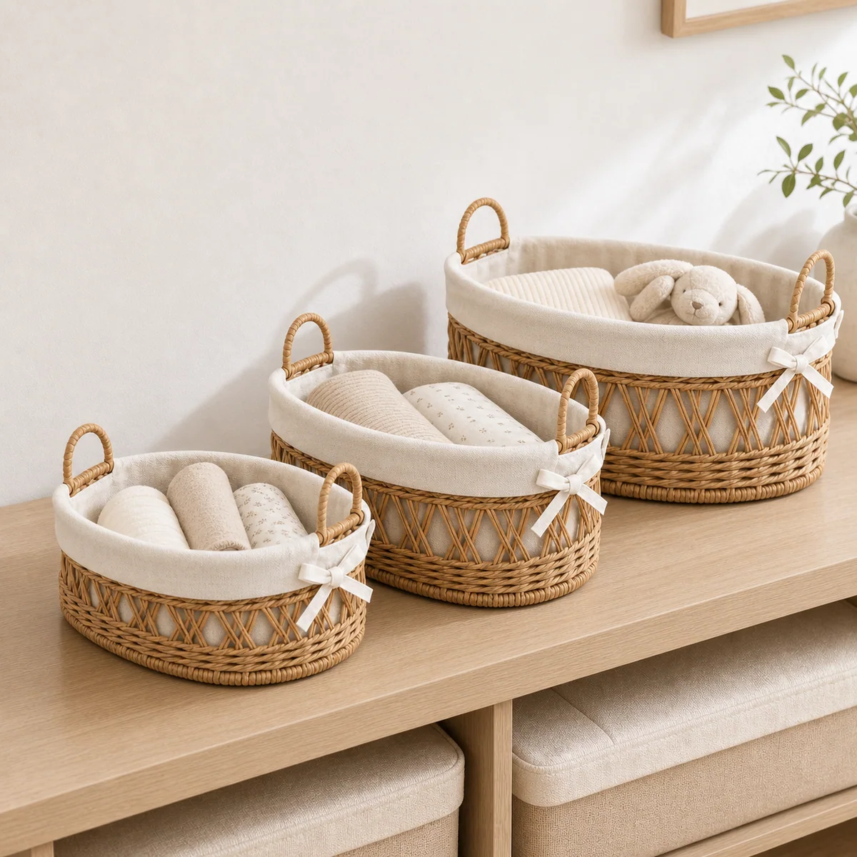 Natural Brown Paper Rope Oval Rounded Rectangular 3-Piece Nested Basket Set with Cream Fabric Liner and Side Ties