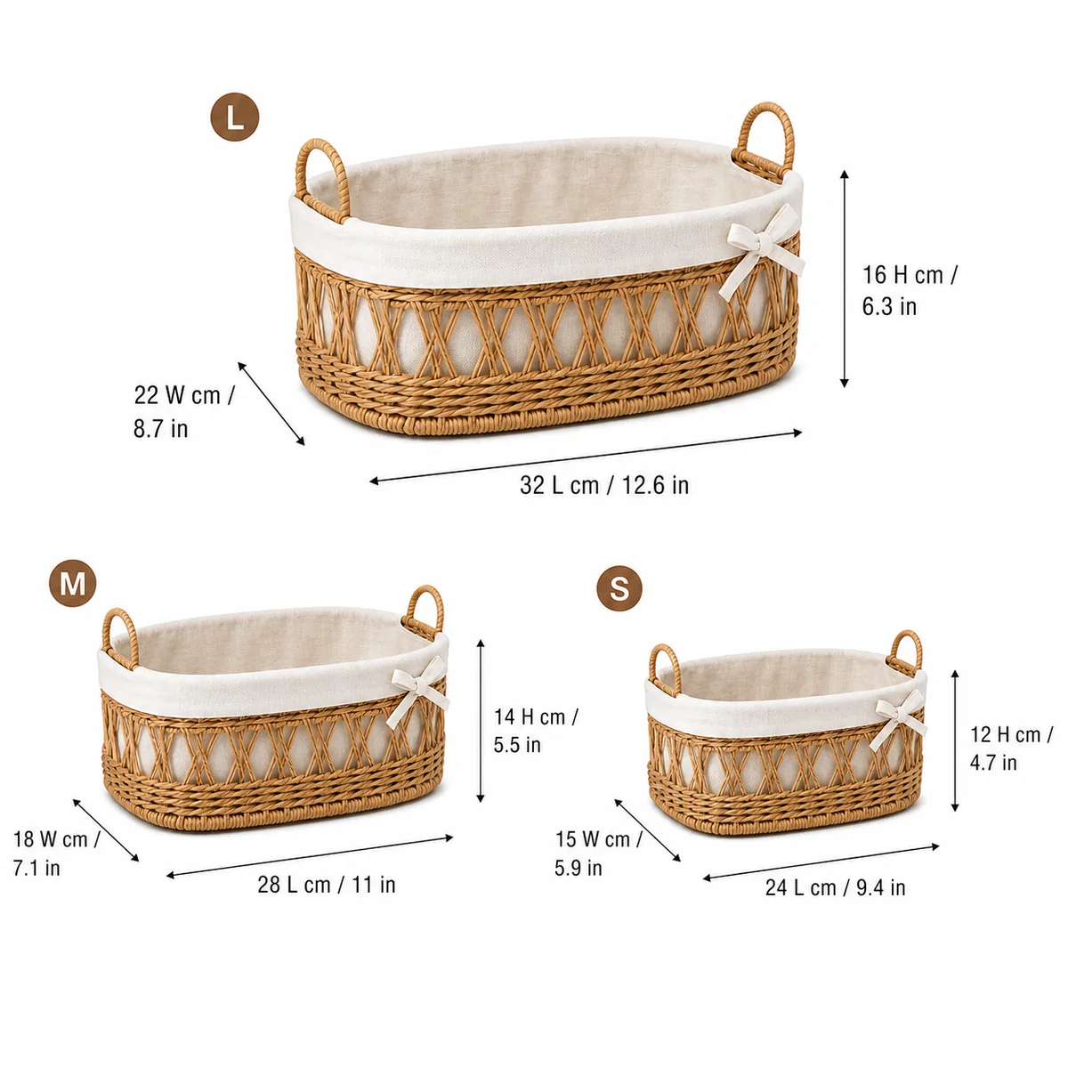 Natural Brown Paper Rope Oval Rounded Rectangular 3-Piece Nested Basket Set with Cream Fabric Liner and Side Ties
