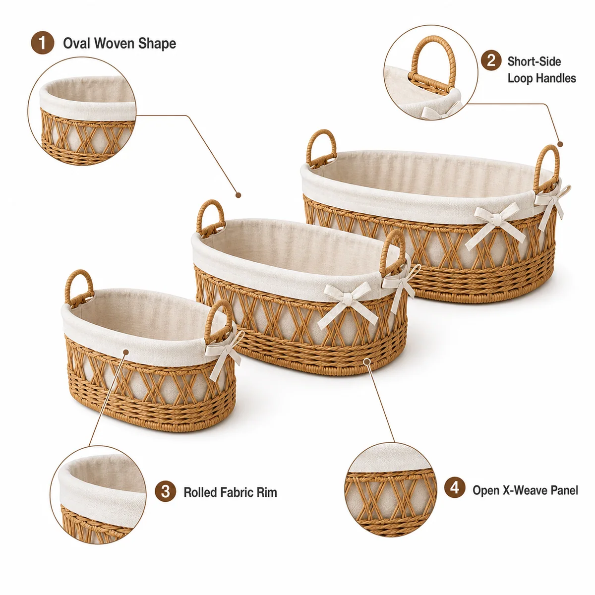 Natural Brown Paper Rope Oval Rounded Rectangular 3-Piece Nested Basket Set with Cream Fabric Liner and Side Ties