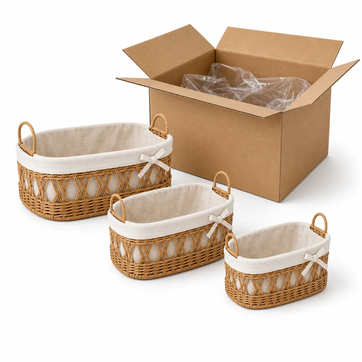 Natural Brown Paper Rope Oval Rounded Rectangular 3-Piece Nested Basket Set with Cream Fabric Liner and Side Ties