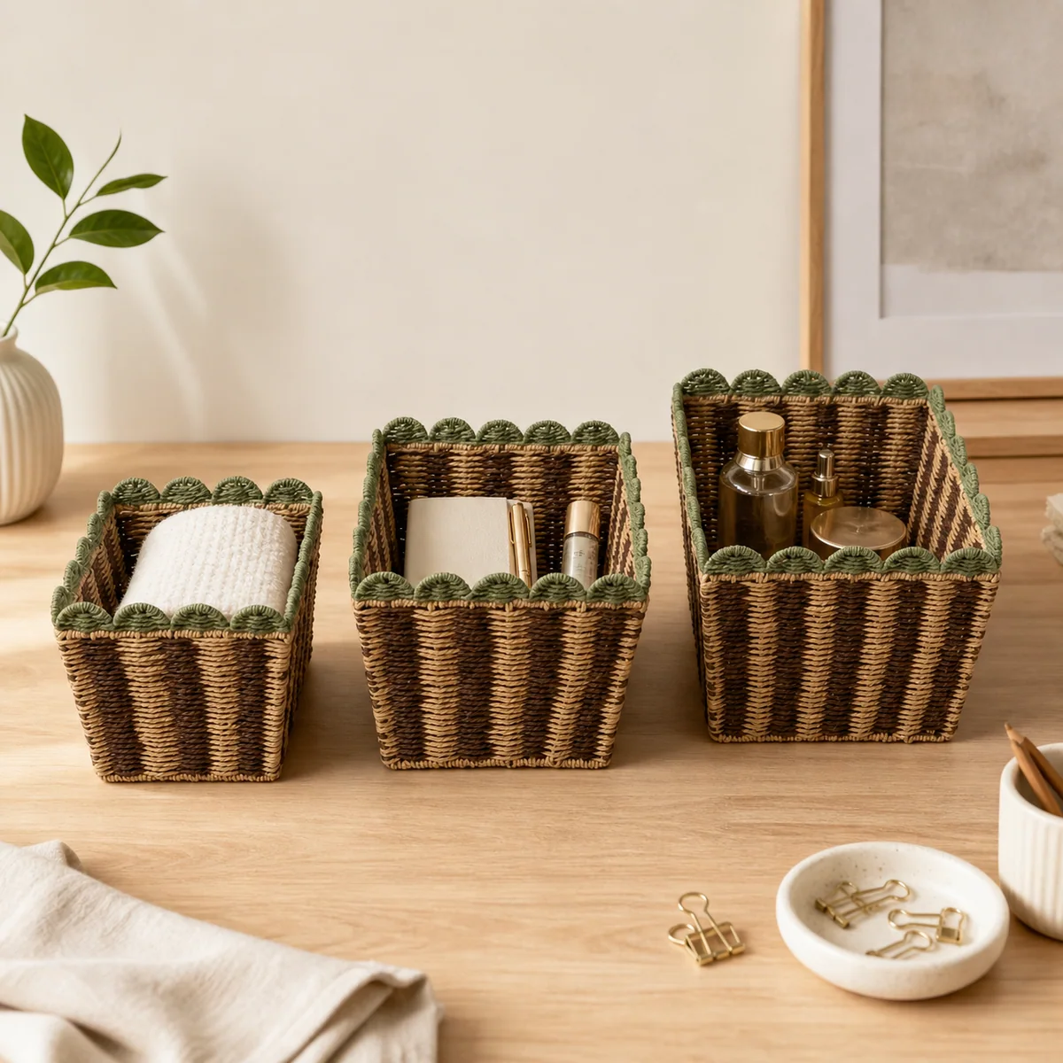 Dark Brown Natural Brown and Sage Green Paper Rope Rectangular 3-Piece Nested Basket Set with Scalloped Rim